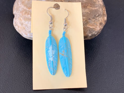 Navajo Turquoise Feather Slab Earrings | Sterling Silver Dangle | Authentic Native American Handmade | 12008