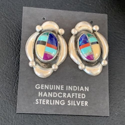Native American Women's Sterling Silver Blue Turquoise Multi-Color Earrings | Handmade | 13015