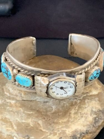 USA Women's Navajo Sterling Silver Watch Blue Turquoise Cuff Bracelet 13239