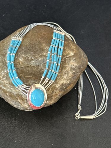 Navajo Liquid Silver Heishi 5-Strand Necklace | Turquoise Pendant | Sterling Silver | 14821