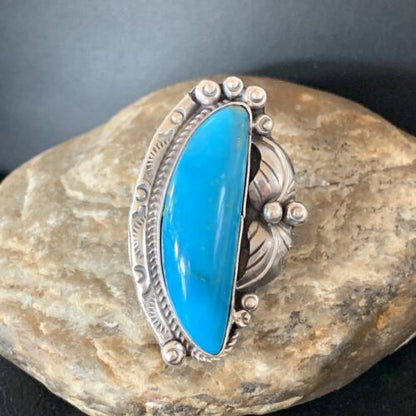 Navajo Blue Kingman Turquoise Ring | Sterling Silver Feather | Sz 9.5 | Authentic Native American Handmade | 10853
