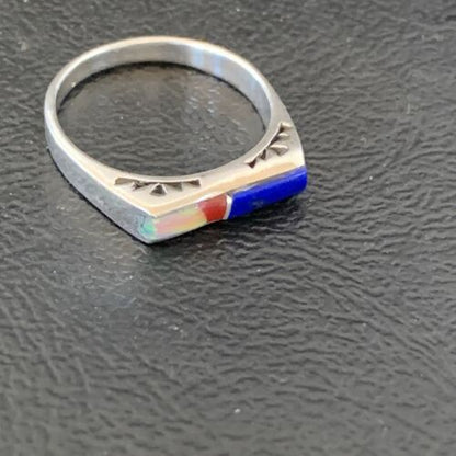 Navajo Opal Blue Lapis Red Coral Inlay Ring | Sz 7 | Authentic Native American Handmade | 11140