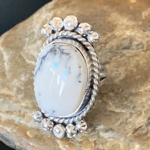 Native American White Buffalo Turquoise Ring | Navajo Sterling Silver | Sz 7.5 | 13353