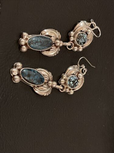Navajo Spiderweb Turquoise Dangle Earrings | Sterling Silver | Authentic Native American Handmade | 1236
