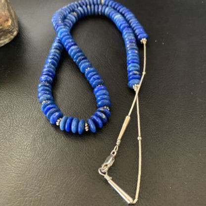Men's Blue Lapis Bead Necklace | 8mm Liquid Silver Heishi | Sterling Silver | 24" | 12775