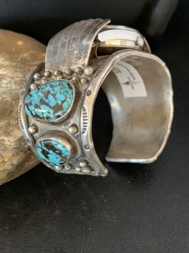 Navajo Sterling Silver Bracelet with Blue Kingman Turquoise | Men's Automatic Seiko Watch Cuff | Authentic Native American Jewelry | 12168