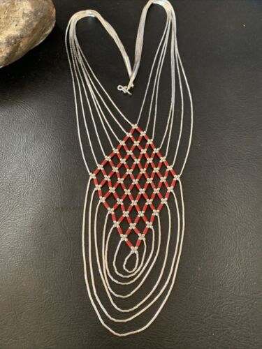 Red Coral 7 Strand Liquid Silver Heishi Necklace | Sterling Tubes | 18" | Authentic Native American Handmade | 12625