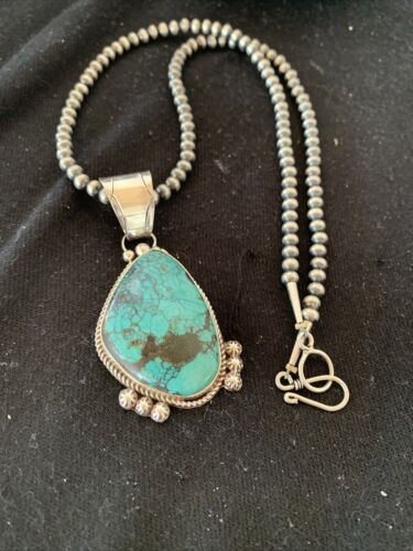 Navajo Pearls Necklace with Spiderweb Turquoise Pendant | Sterling Silver | Authentic Native American Handmade | 00810