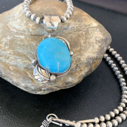 Women's Sterling Silver Blue Kingman Turquoise Necklace Pendant | Authentic Native American Handmade | 10898