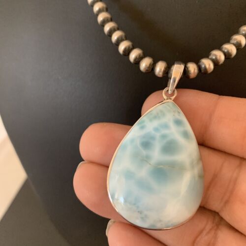 Navajo Blue Larimar Pendant Necklace | Sterling Silver Beads | Authentic Native American Handmade | 1765