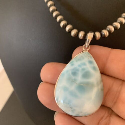 Navajo Blue Larimar Pendant Necklace | Sterling Silver Beads | Authentic Native American Handmade | 1765