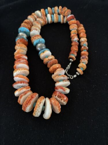 Navajo Pearls, Orange Spiny Oyster & Turquoise Necklace | Sterling Silver | Authentic Native American | 24"