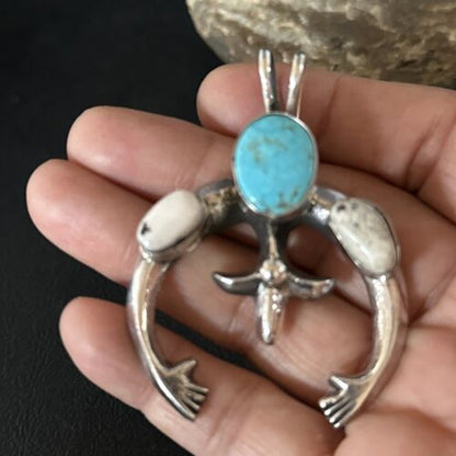 Navajo Blue Kingman Turquoise White Buffalo Naja Pendant | Sterling Silver | Authentic Native American Handmade | 14669 - Masha USA