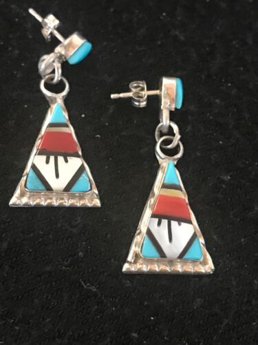 Navajo Sterling Silver Inlay Earrings | Coral Turquoise Onyx Mother of Pearl | Southwestern