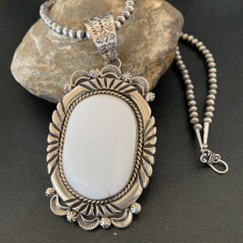 Mens Navajo White Buffalo Turquoise Sterling Silver Necklace Pendant 11591