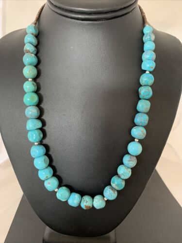 Native American Sterling Silver Heishi Blue Turquoise Bead Necklace Pendant | Handmade | 20" | 02021