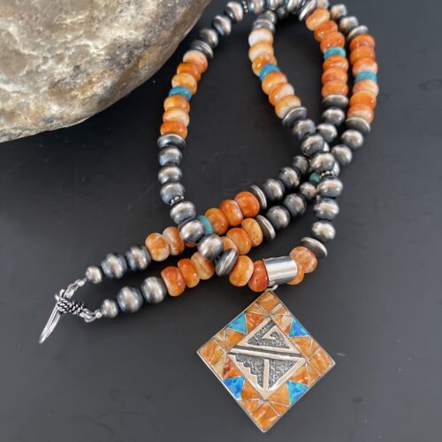 Navajo Pearls Sterling Silver Necklace | Orange Spiny Oyster Opal Inlay Pendant | 11320