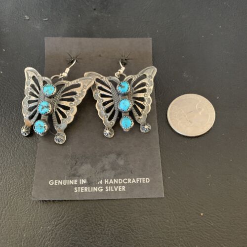 Navajo Butterfly Blue Kingman Turquoise Necklace Pendant Earrings Set | Authentic Native American Handmade | 13227