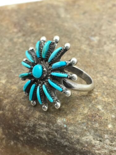 Zuni Blue Turquoise Needle Point Cluster Ring | Authentic Native American Sterling Silver | Multi-Stone | Sz 7.25 | 4035