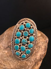 Navajo Kingman Turquoise Cluster Ring | Authentic Native American Sterling Silver | Multi-Stone | Sz 7.5 | 8392