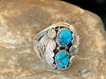 Navajo Blue Kingman Turquoise Feather Ring | Authentic Native American Sterling Silver | Multi-Stone | Sz 11.5 | 12221