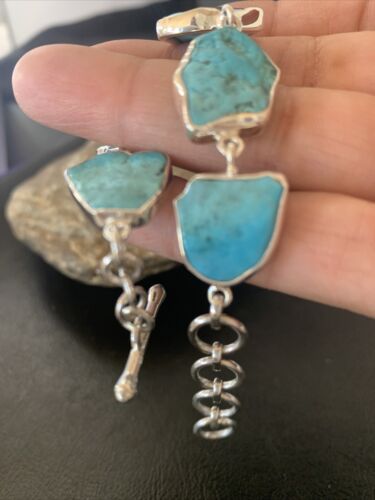 Navajo Blue Kingman Turquoise Link Bracelet | Sterling Silver | 8" | Authentic Native American Handmade | 11647