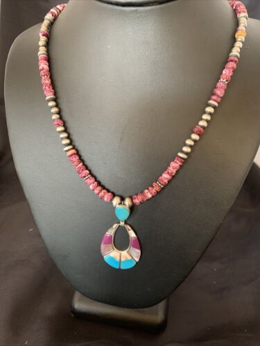 Navajo Sterling Silver Necklace | Turquoise & Purple Spiny Oyster Inlay Pendant Set | 18" | 12331