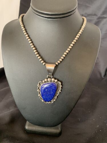 Native American Navajo Blue Lapis Pendant Necklace | Sterling Silver | Authentic Handmade | 11849 - Masha USA