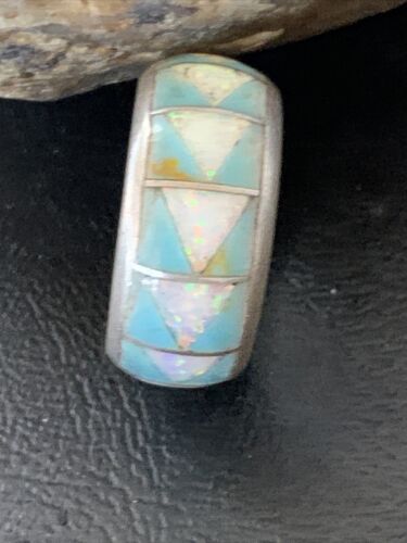 Navajo Blue Turquoise Inlay Ring | Sterling Silver | Sz 11 | Authentic Native American Handmade | 12564