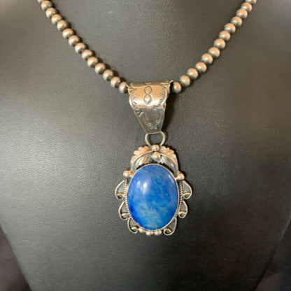 Men's Navajo Pearls Necklace with Denim Lapis Pendant | Sterling Silver | Authentic Native American Handmade | 12433