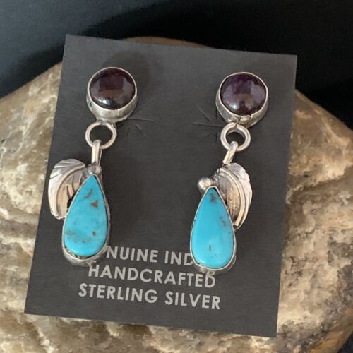 Navajo Purple Sugilite and Blue Turquoise Dangle Leaf Earrings | Sterling Silver | Native American Handmade | 13454