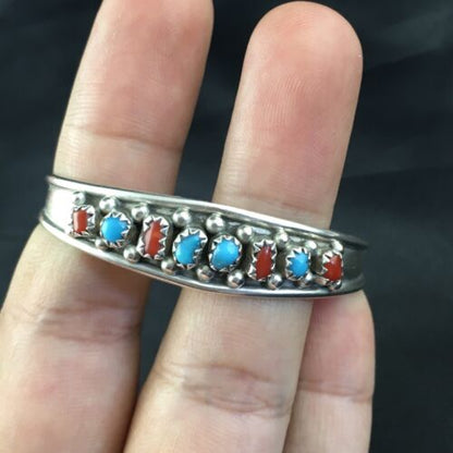 Navajo Children's Blue Turquoise Coral Cuff Bracelet | Sterling Silver | 4" | 10248