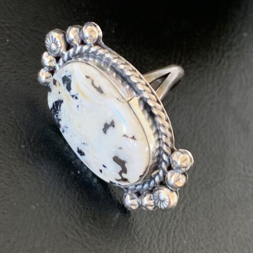 Navajo White Buffalo Turquoise Ring | Sterling Silver | Sz 7.5 | Authentic Native American Handmade | 13352