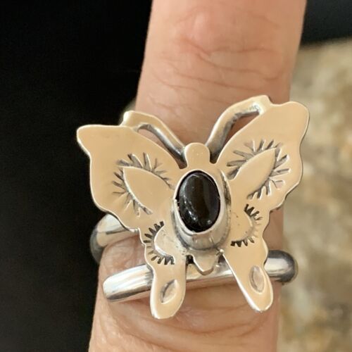 Southwestern Navajo Black Onyx Butterfly Ring | Sterling Silver | Adj Sz 8 | 10384
