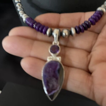Navajo Pearls Necklace with Purple Sugilite Pendant | Sterling Silver | Multi-Stone | 11334