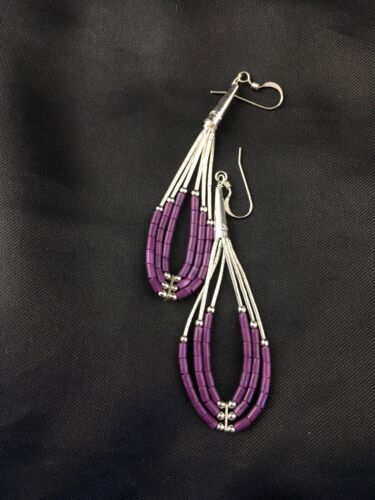 Handmade Liquid Silver Heishi Tube Beads Sugilite Earrings | Sterling Silver | 2" | 1985