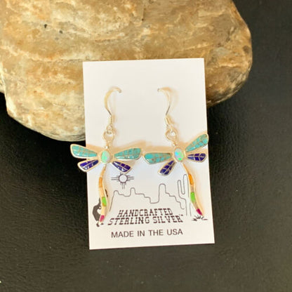 Navajo Dragonfly Turquoise Spiny Opal Inlay Earrings | Sterling Silver | 1" | 12017