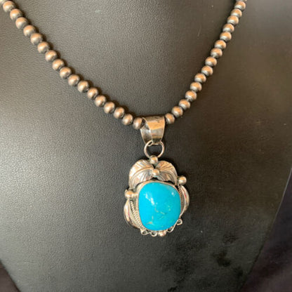 Men's Navajo Pearls Necklace with Blue Kingman Turquoise Pendant | Sterling Silver | Native American Handmade | 12593