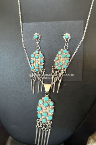 Native American Zuni Kingman Turquoise Necklace Pendant Earrings Set | Sterling Silver | 14487