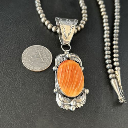 Navajo Orange Spiny Oyster Necklace Pendant | Sterling Silver | Authentic Native American Handmade | 14681