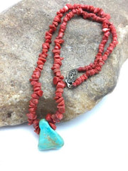 Native American Turquoise and Coral Pendant Necklace | Brass Old Pawn | 19" | 4007