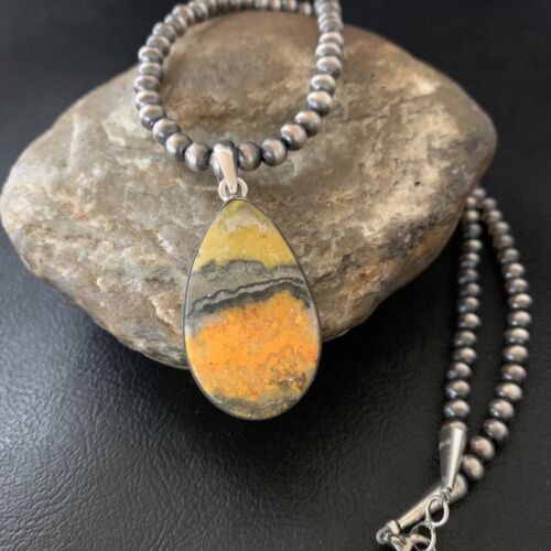 Navajo Yellow Bumblebee Jasper Pendant Necklace | Sterling Silver | Authentic Native American Handmade | 12805