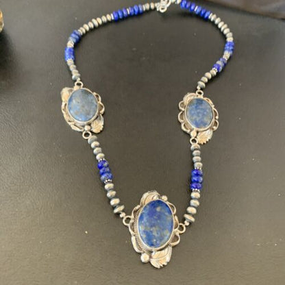 Navajo Pearls Necklace with 3 Stone Blue Denim Lapis Pendant | Sterling Silver | Native American Handmade | 10821