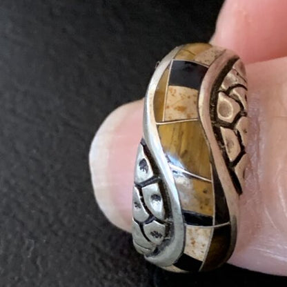 Navajo Black Onyx Coffee Tigers Eye Inlay Ring | Sterling Silver | Sz 6.5 | 10737