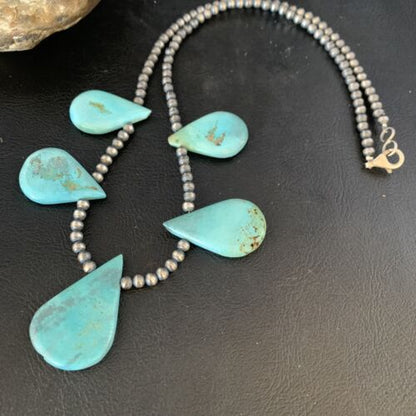 Navajo Teardrop Blue Turquoise Necklace | Sterling Silver Pearls | 20" | Authentic Native American Handmade | 13958