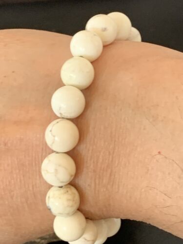Native American Handmade White Howlite Bead Bracelet | 10mm Round | Stretchable | 11840
