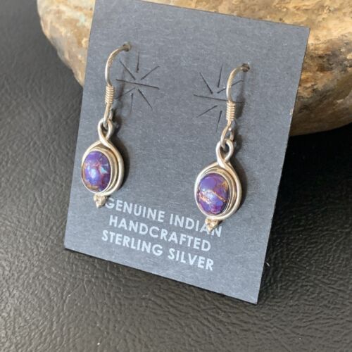 Navajo Purple Turquoise Dangle Inlay Earrings | Sterling Silver | Authentic Native American Handmade | 12683