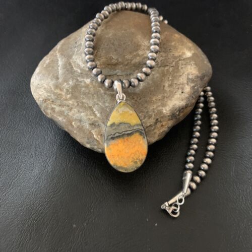 Navajo Yellow Bumblebee Jasper Pendant Necklace | Sterling Silver | Authentic Native American Handmade | 12805