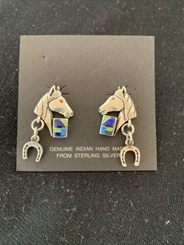 Navajo Blue Lapis & Turquoise Horse Inlay Earrings | Sterling Silver | 1" | Authentic Native American Handmade | 1514