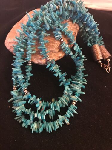 Navajo Turquoise Nugget Bead Necklace | 3 Strand Stabilized | Sterling Silver | 8100
